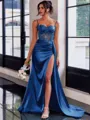Perfect Sheath Spaghetti Straps Appliques Lace Sweep Train Silk Like Satin Corset Dress