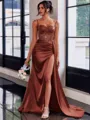 Perfect Sheath Spaghetti Straps Appliques Lace Sweep Train Silk Like Satin Corset Dress