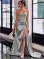Perfect Sheath Spaghetti Straps Appliques Lace Sweep Train Silk Like Satin Corset Dress