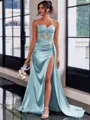 Perfect Sheath Spaghetti Straps Appliques Lace Sweep Train Silk Like Satin Corset Dress