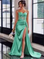 Perfect Sheath Spaghetti Straps Appliques Lace Sweep Train Silk Like Satin Corset Dress
