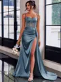 Perfect Sheath Spaghetti Straps Appliques Lace Sweep Train Silk Like Satin Corset Dress