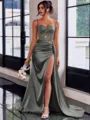 Perfect Sheath Spaghetti Straps Appliques Lace Sweep Train Silk Like Satin Corset Dress