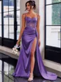 Perfect Sheath Spaghetti Straps Appliques Lace Sweep Train Silk Like Satin Corset Dress
