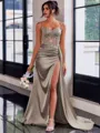 Perfect Sheath Spaghetti Straps Appliques Lace Sweep Train Silk Like Satin Corset Dress
