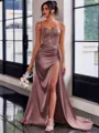 Perfect Sheath Spaghetti Straps Appliques Lace Sweep Train Silk Like Satin Corset Dress