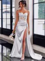 Perfect Sheath Spaghetti Straps Appliques Lace Sweep Train Silk Like Satin Corset Dress