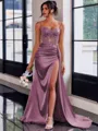 Perfect Sheath Spaghetti Straps Appliques Lace Sweep Train Silk Like Satin Corset Dress