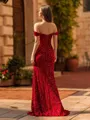 Fashion Sheath Off-the-Shoulder Pleated Sweep Train Velvet Sequins Prom Dress