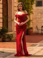 Fashion Sheath Off-the-Shoulder Pleated Sweep Train Velvet Sequins Prom Dress