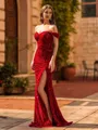 Fashion Sheath Off-the-Shoulder Pleated Sweep Train Velvet Sequins Prom Dress
