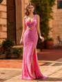 Glam Sheath V-Neck Sweep Train Velvet Sequins Prom Dress