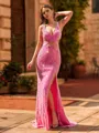 Glam Sheath V-Neck Sweep Train Velvet Sequins Prom Dress