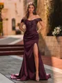 Unique Sheath Off-the-Shoulder Appliques Lace Sweep Train Silk like Satin Corset Prom Dress
