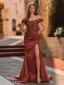 Unique Sheath Off-the-Shoulder Appliques Lace Sweep Train Silk like Satin Corset Prom Dress