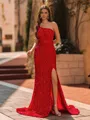 Pretty Sheath One-Shoulder Sweep Train Velvet Sequins Prom Dress