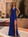 Charming Sheath V-Neck Sequin Sweep Train Lace Prom Dress