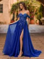 Elegant A-line Off-the-Shoulder Appliques Lace Sweep Train Tulle Corset Prom Dress