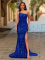 Exquisite Sheath One-Shoulder Sweep Train Velvet Sequins Prom Dress