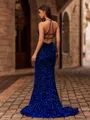Breathtaking Sheath V-Neck Sweep Train Velvet Sequins Prom Dress
