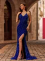 Breathtaking Sheath V-Neck Sweep Train Velvet Sequins Prom Dress
