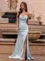 Gorgeous Sheath Straight Pleated Sweep Train Silk Like Satin Prom Dress
