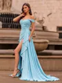 Luxurious Sheath Off-the-Shoulder Pleated Sweep Train Jersey Prom Dress