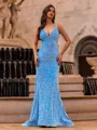 Captivating Sheath V-Neck Court Train Velvet Sequins Prom Dress