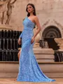 Aristocratic Sheath One-Shoulder Long Sleeves Sweep Train Velvet Sequins Prom Dress