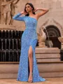 Aristocratic Sheath One-Shoulder Long Sleeves Sweep Train Velvet Sequins Prom Dress