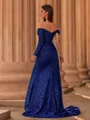 Extravagant Sheath Off-the-Shoulder Long Sleeves Pleated Sweep Train Prom Dress
