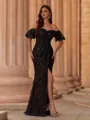 Unique Sheath Off-the-Shoulder Short Sleeves Sequin Sweep Train Prom Dress