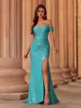 Classy Sheath Off-the-Shoulder Pleated Sweep Train Prom Dress