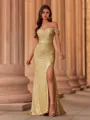 Classy Sheath Off-the-Shoulder Pleated Sweep Train Prom Dress