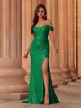 Classy Sheath Off-the-Shoulder Pleated Sweep Train Prom Dress
