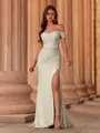 Classy Sheath Off-the-Shoulder Pleated Sweep Train Prom Dress
