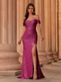 Classy Sheath Off-the-Shoulder Pleated Sweep Train Prom Dress