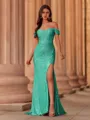 Classy Sheath Off-the-Shoulder Pleated Sweep Train Prom Dress