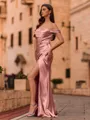 Mesmerizing Sheath Off-the-Shoulder Pleated Floor-Length Silk like Satin Corset Prom Dress