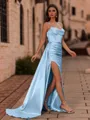 Magnificent Sheath Spaghetti Straps Pleated Sweep Train Silk like Satin Corset Prom Dress