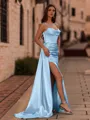 Magnificent Sheath Spaghetti Straps Pleated Sweep Train Silk like Satin Corset Prom Dress