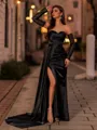 Splendiferous Sheath Sweetheart Long Sleeves Beading Floor-Length Silk like Satin Convertible Prom Dress