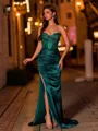 Fashion-forward Sheath Sweetheart Appliques Lace Sweep Train Silk like Satin Corset Prom Dress