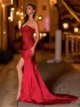 Unique Sheath Sweetheart Appliques Lace Court Train Silk like Satin Corset Prom Dress