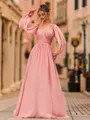 Perfect A-Line 30D Chiffon Pleated V-Neck Long Sleeves Floor-Length Prom Dress