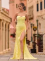 Pretty Sheath Satin Pleated Sweetheart Sleeveless Sweep Train Prom Dress