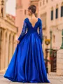 Hot A-Line Satin Appliques Lace V-Neck Long Sleeves Floor-Length Prom Dress