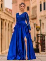 Hot A-Line Satin Appliques Lace V-Neck Long Sleeves Floor-Length Prom Dress