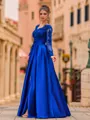 Hot A-Line Satin Appliques Lace V-Neck Long Sleeves Floor-Length Prom Dress