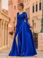 Hot A-Line Satin Appliques Lace V-Neck Long Sleeves Floor-Length Prom Dress